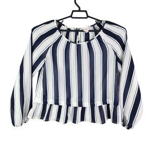 Women's Merona Navy & White Striped Blouse Top Round Neck Long Sleeve Size M